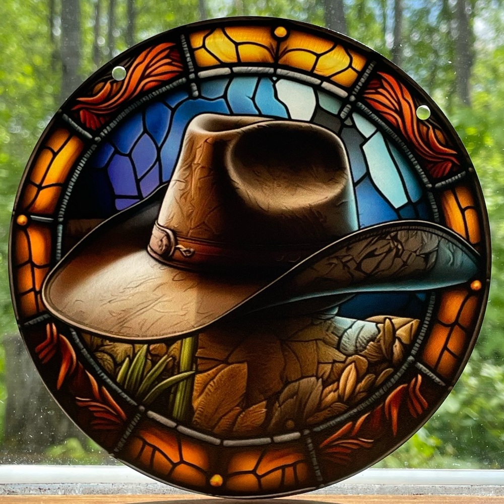 Suncatcher Acrylic Western Cowboy Hat Cowgirl Decorative Faux Stained Glass New